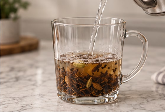 Hot water poured over loose chai in a glass mug
