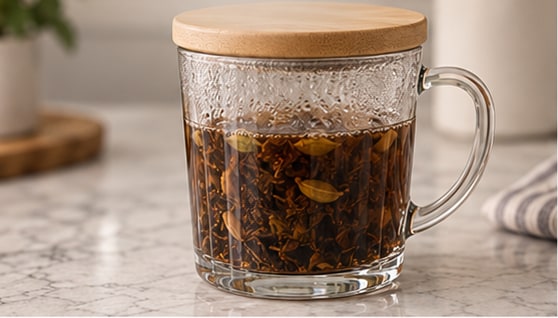 Chai steeping in a covered glass mug