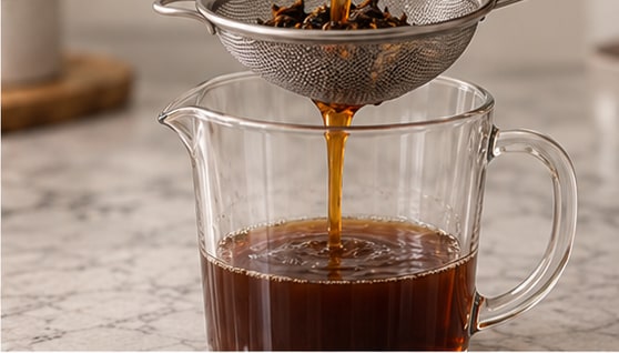 Steeped chai strained through a fine strainer into a jug