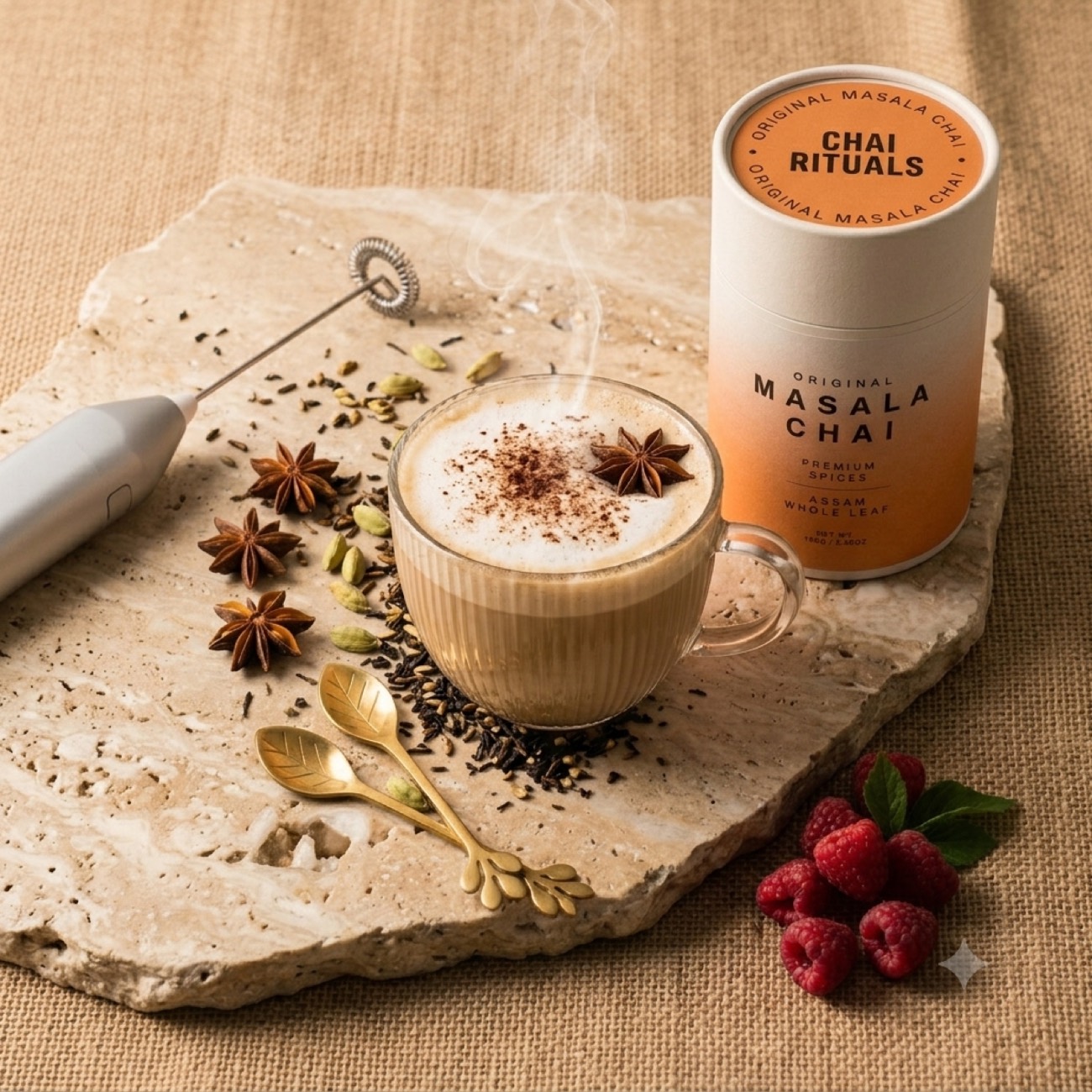 Chai with a spooned cardamom foam on top