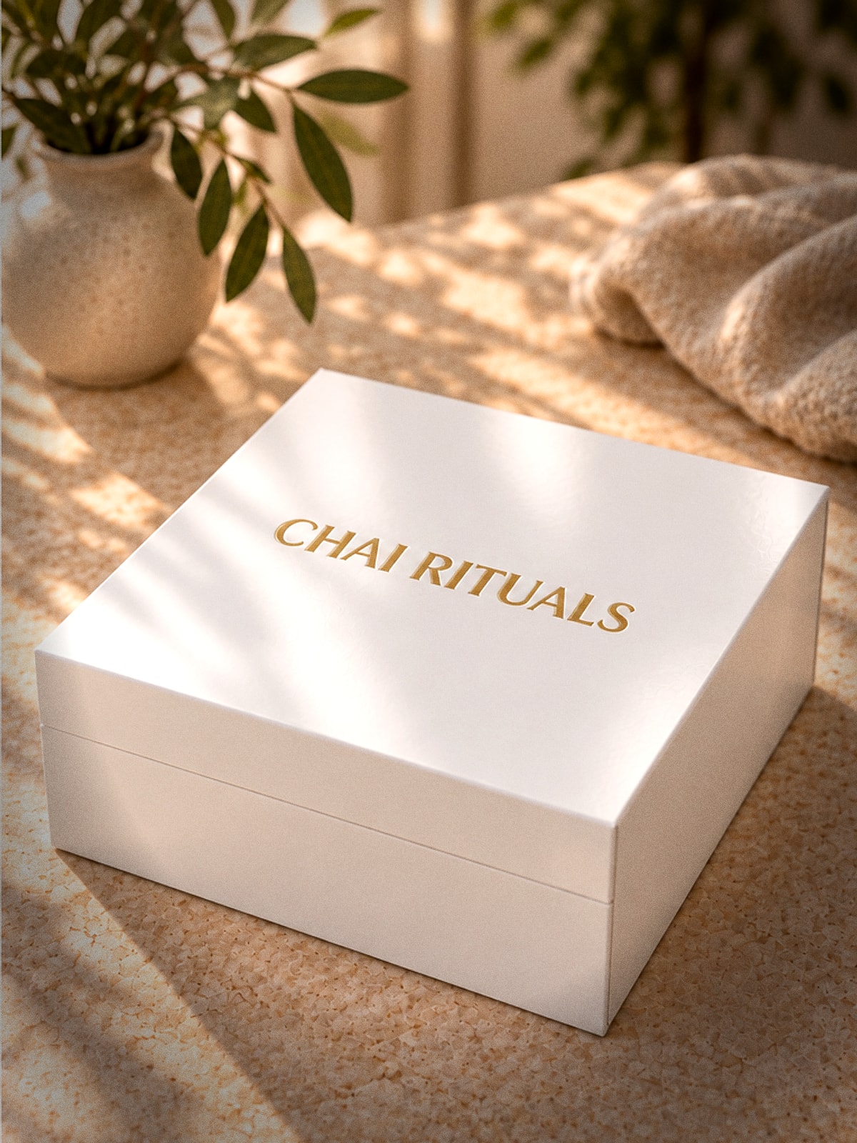 The closed Chai Rituals gift box, white with the name in gold foil