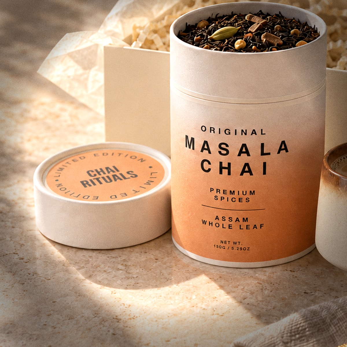 The Original Masala Chai tube open to show whole leaf and spice, beside its limited-edition lid