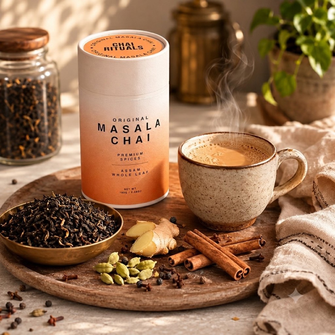 Whole leaf, whole spices and a freshly brewed cup of chai on a wooden board